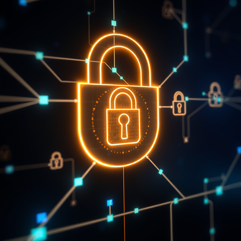 Digital network security graphic with glowing lines and lock icons
