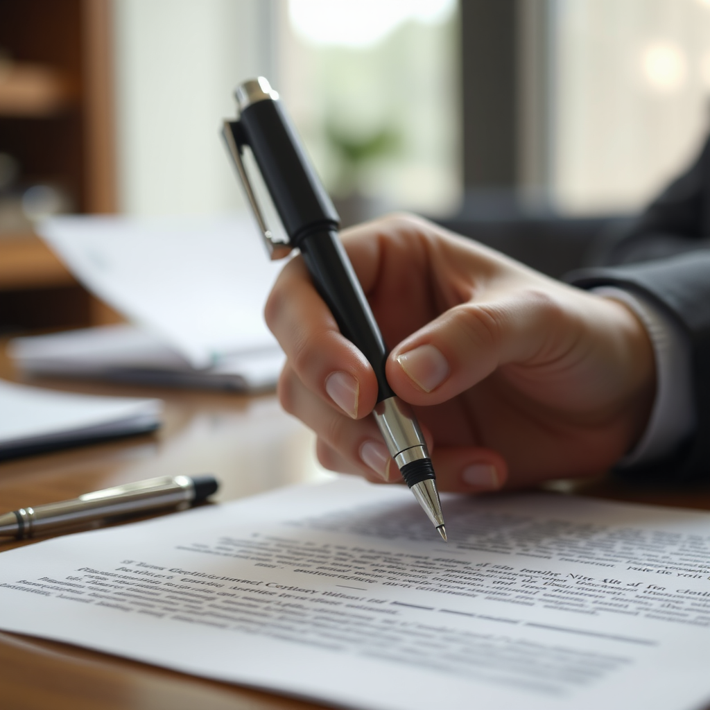 Close-up of a legal contract being signed with a pen