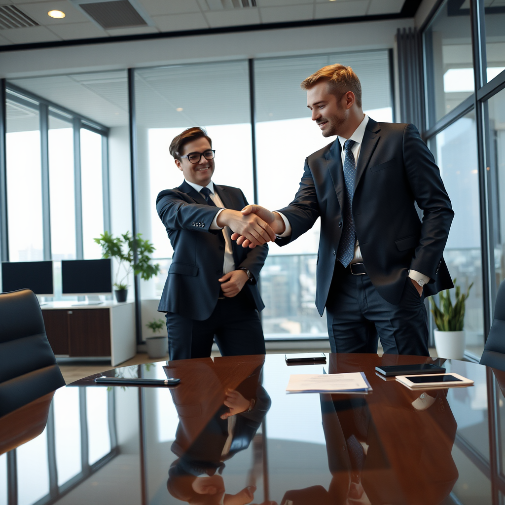 Two business people shaking hands over a desk, symbolizing agreement
